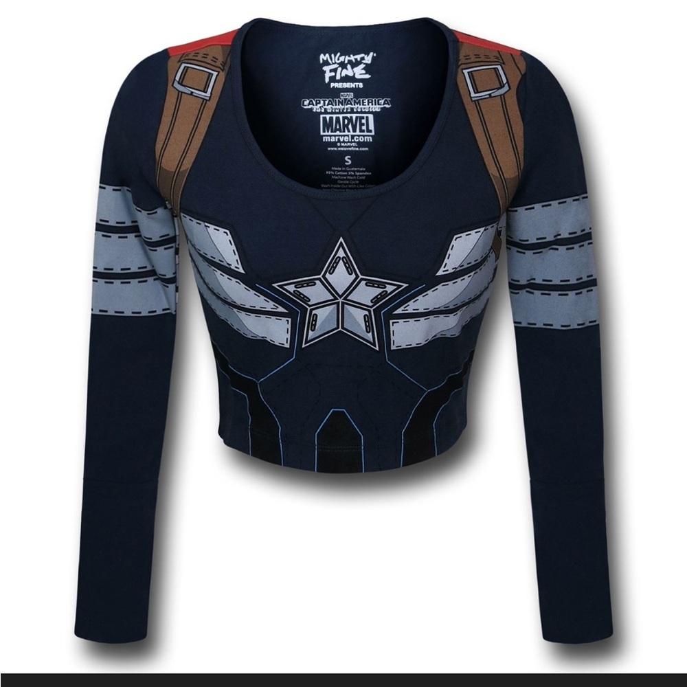 Mighty Fine Navy Captain America Long Sleeve Crop Top